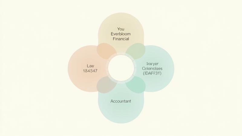 An infographic illustrating collaboration between client, Everbloom Financial, lawyers, and accountants.