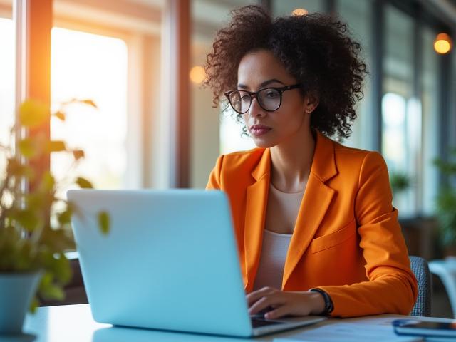 Female entrepreneur working confidently on a laptop, symbolizing investment strategies for business leaders.